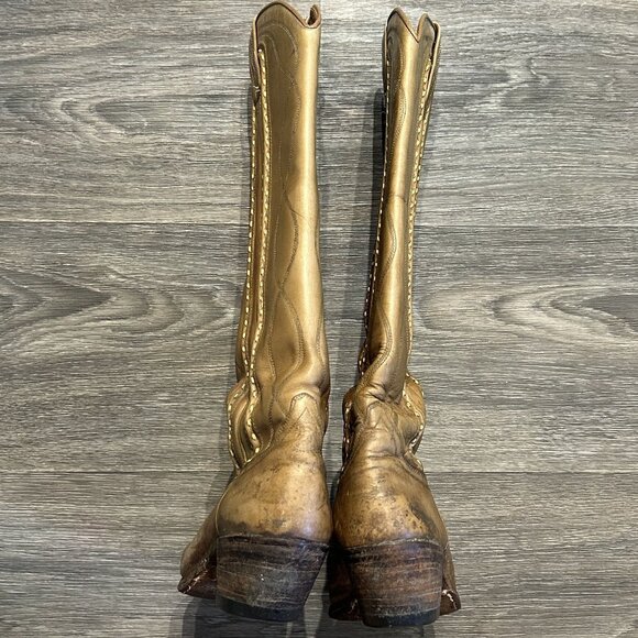 Vintage Dan Post Size 6 C Cowboy Knee Boots Made in Spain Tan Braided 4115 - Picture 13 of 16